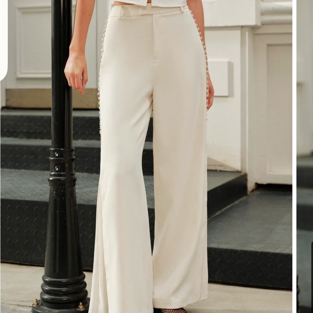 Commense patchwork pleated wide leg pants in off white